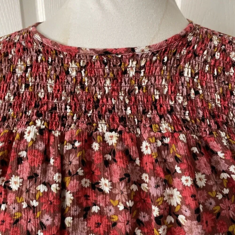Knox Rose Womens Top Medium Cottage Core Boho Floral‎ Ruffle Hippie Shirred Pink
